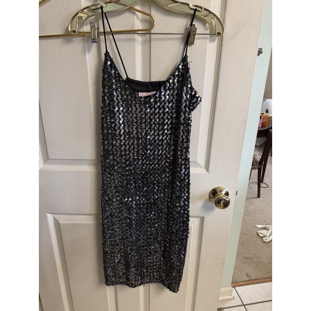 Diamonds Run Wayne Vnt 80s 90s party cocktail Dress Sequin Spaghetti Xs 32w 37L